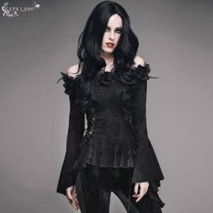 tričko gothic and punk DEVIL FASHION Queen of the Damned Gothic Shirt with Bardot černá